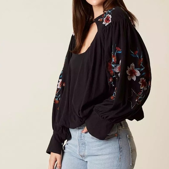 Free People Tops - Free people Lita Embroidered Floral long sleeve Cut out Boho Black Top Blouse